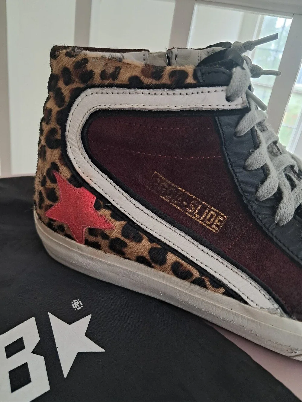 Golden Goose Sneakers Women's 38 8 Slide High Top Burgundy Leopard Calf Hair